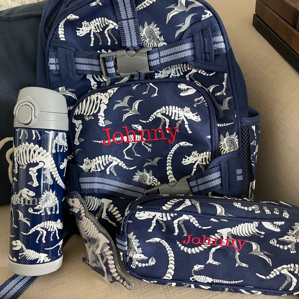 Pottery Barn Kids Dino  Mackenzie backpack set with “Johnny” embroidery